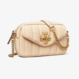 Tory Burch Beige Quilted Crossbody Bag with Gold Accents